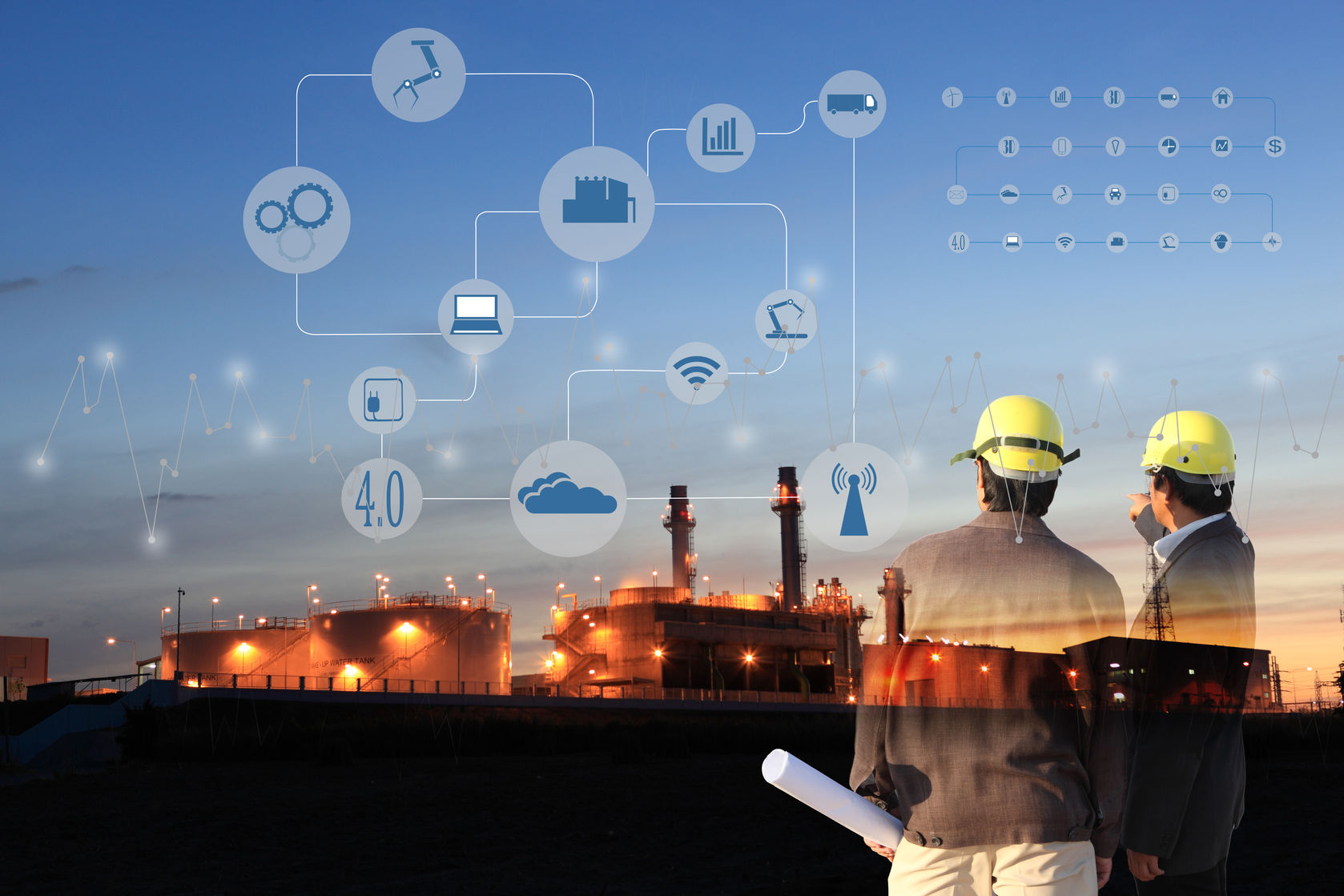 68949158 - two engineer on site , industry 4.0 concept image.oil refinery at twilight with cyber and physical system icons diagram on industrial factory and infrastructure background.